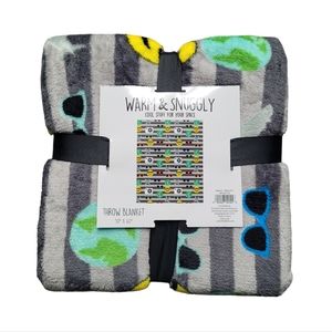 Kids 50in x 60in Striped Plush Throw Travel Blanket w/ Airplanes Globes Cameras